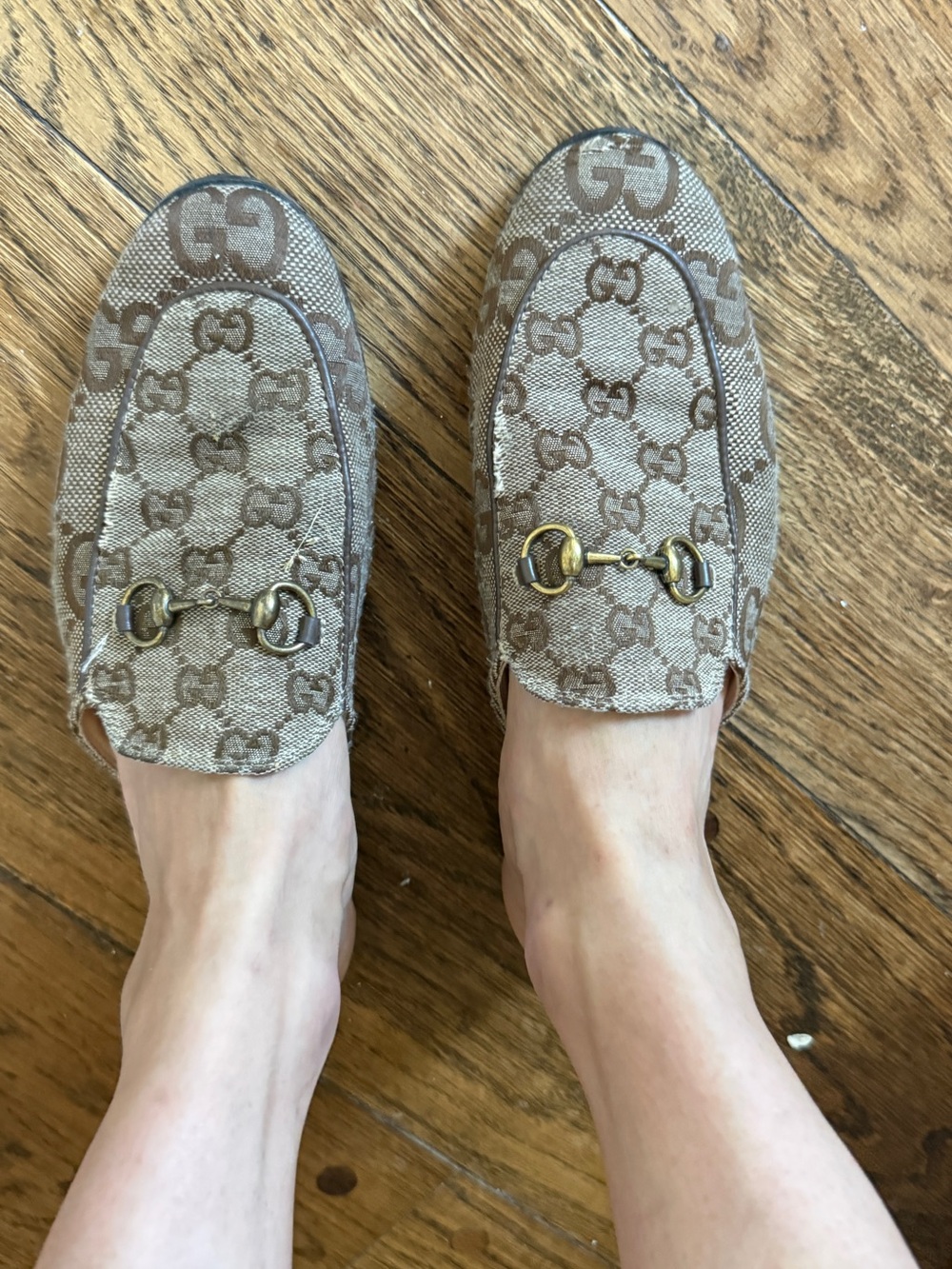 Gucci Brown Beige Monogram Canvas Horsebit Loafers